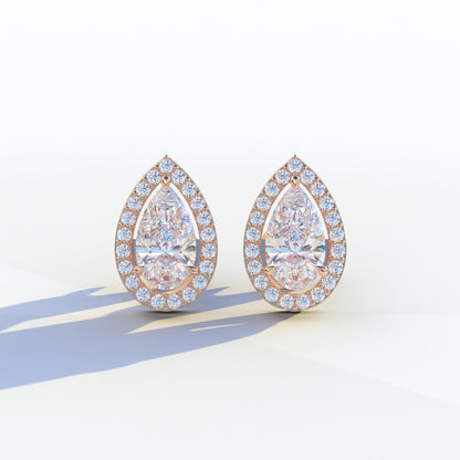 3 Carat Pear Cut Lab Diamond Stud Earrings | Halo Setting - Kelly