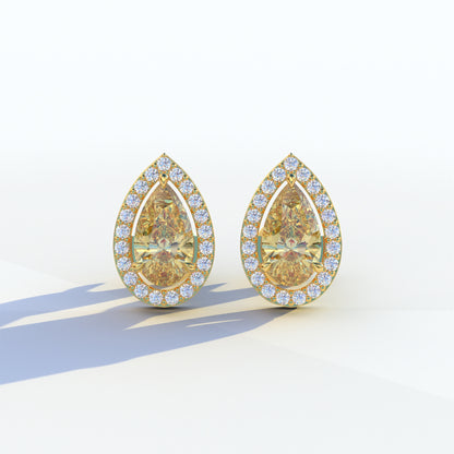 3 Carat Yellow Pear Cut Lab Diamond Stud Earrings | Halo Setting - Kelly