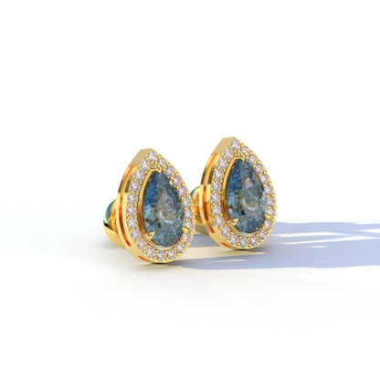 3 Carat Blue Pear Cut Lab Diamond Stud Earrings | Halo Setting - Kelly