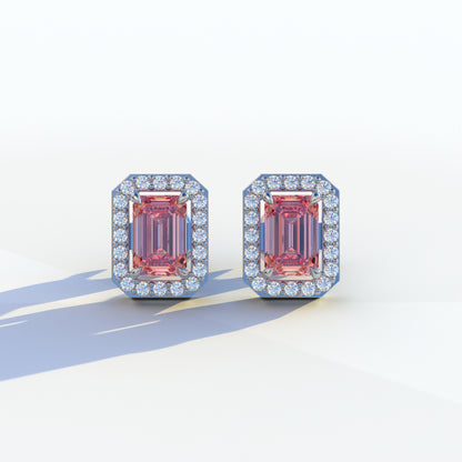 2 Carat Pink Emerald Cut Halo Setting Lab Diamond Stud Earrings - Hailey