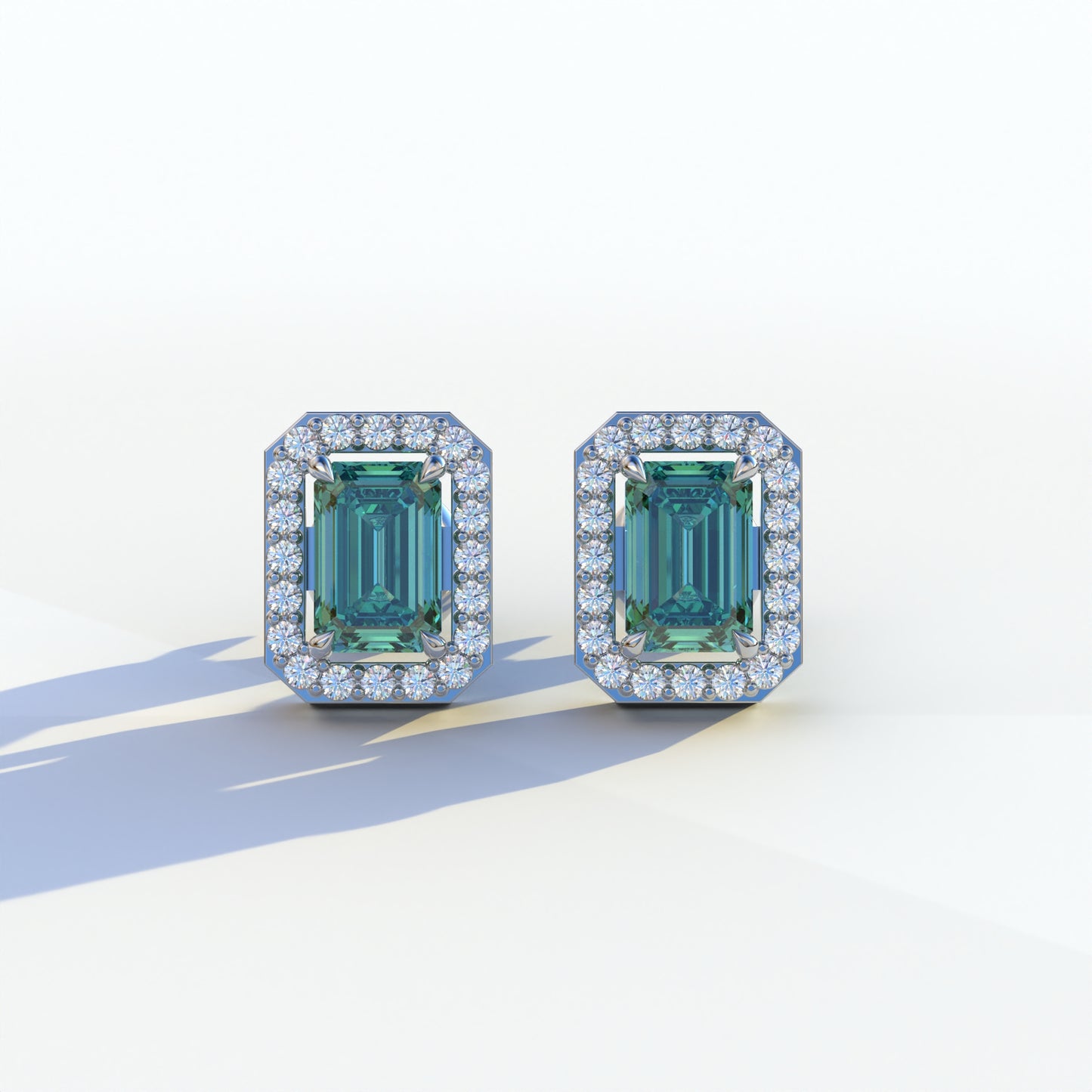 2 Carat Green Emerald Cut Halo Setting Lab Diamond Stud Earrings - Hailey