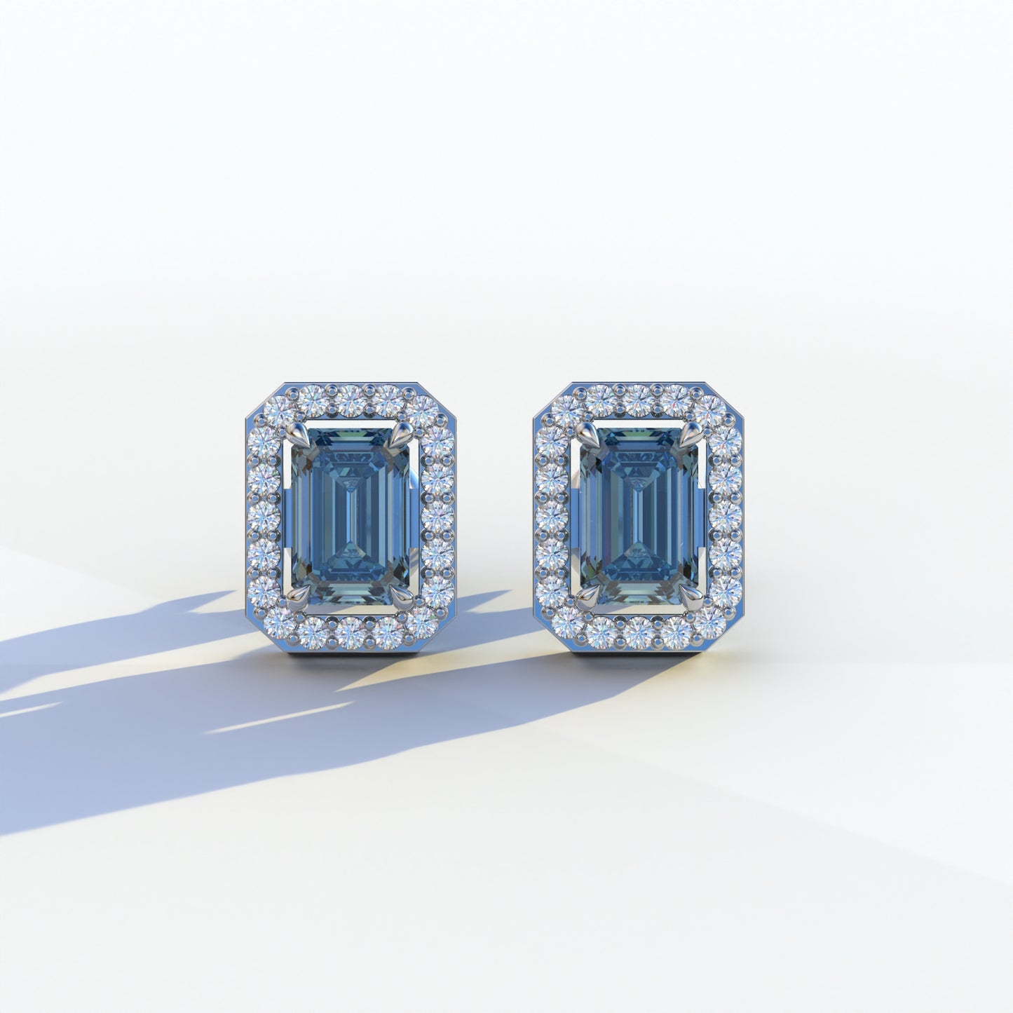 2 Carat Blue Emerald Cut Halo Setting Lab Diamond Stud Earrings - Hailey