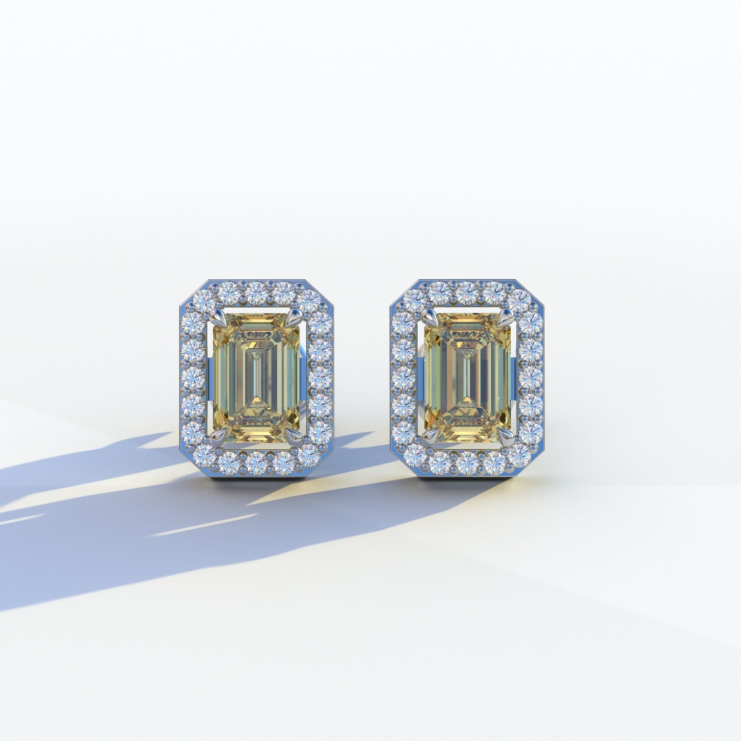 2 Carat Yellow Emerald Cut Halo Setting Lab Diamond Stud Earrings - Hailey