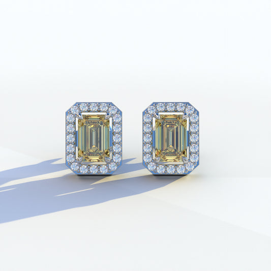 2 Carat Yellow Emerald Cut Halo Setting Lab Diamond Stud Earrings - Hailey