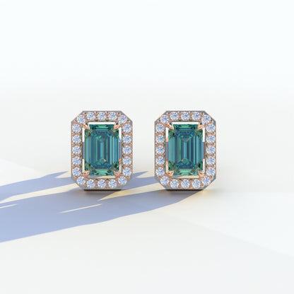 2 Carat Green Emerald Cut Halo Setting Lab Diamond Stud Earrings - Hailey