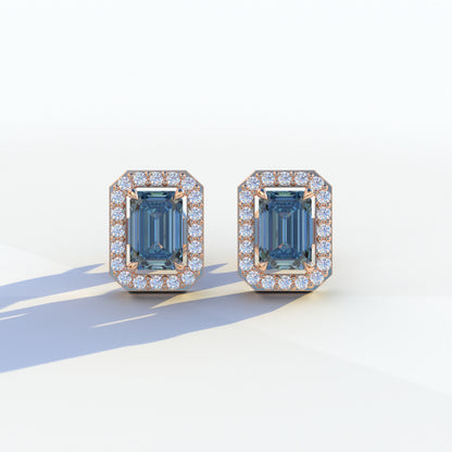 2 Carat Blue Emerald Cut Halo Setting Lab Diamond Stud Earrings - Hailey