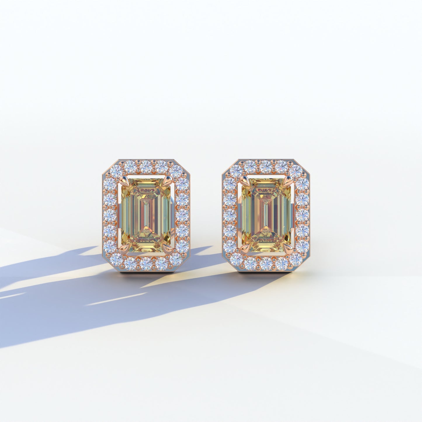 2 Carat Yellow Emerald Cut Halo Setting Lab Diamond Stud Earrings - Hailey