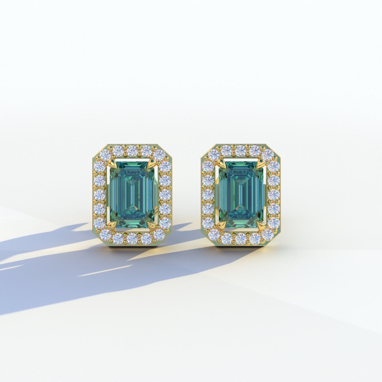 2 Carat Green Emerald Cut Halo Setting Lab Diamond Stud Earrings - Hailey