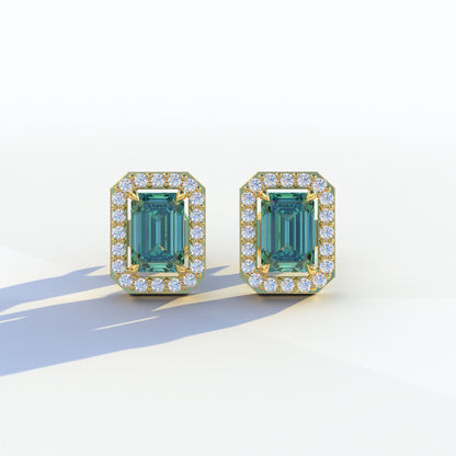 2 Carat Green Emerald Cut Halo Setting Lab Diamond Stud Earrings - Hailey