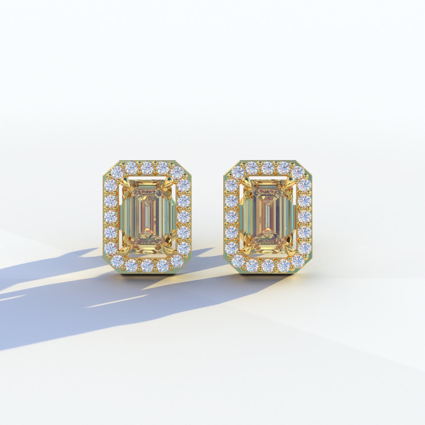 2 Carat Yellow Emerald Cut Halo Setting Lab Diamond Stud Earrings - Hailey