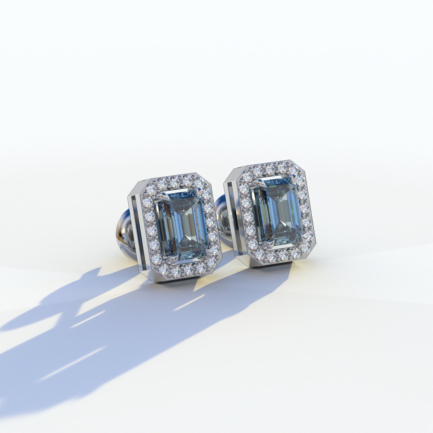 2 Carat Blue Emerald Cut Halo Setting Lab Diamond Stud Earrings - Hailey