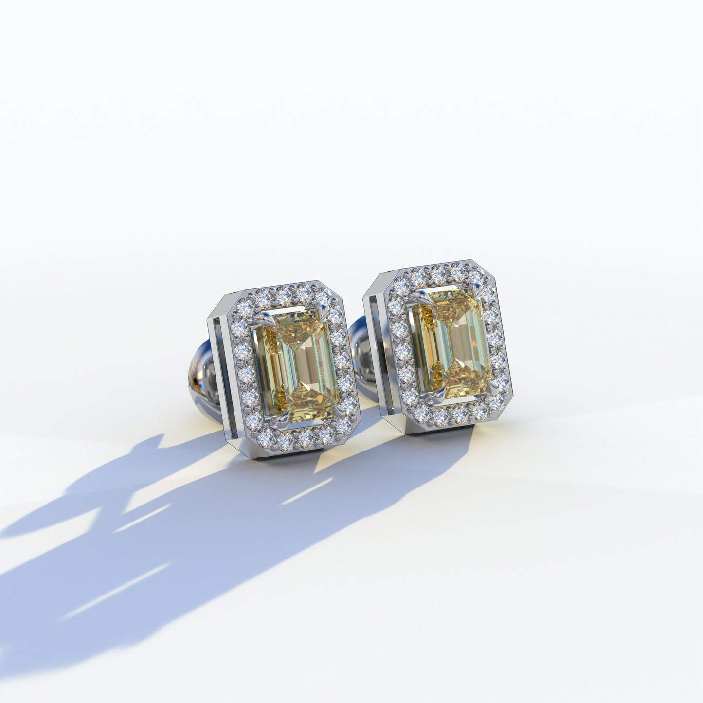 2 Carat Yellow Emerald Cut Halo Setting Lab Diamond Stud Earrings - Hailey