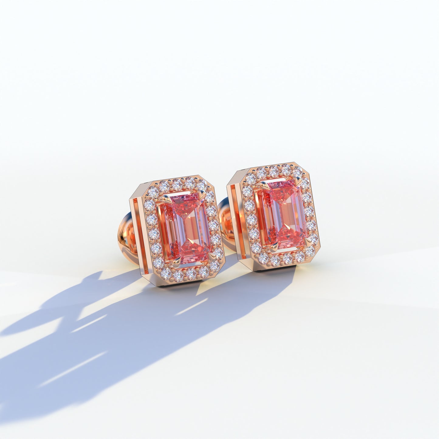 2 Carat Pink Emerald Cut Halo Setting Lab Diamond Stud Earrings - Hailey