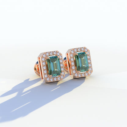 2 Carat Green Emerald Cut Halo Setting Lab Diamond Stud Earrings - Hailey