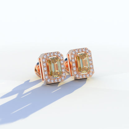 2 Carat Yellow Emerald Cut Halo Setting Lab Diamond Stud Earrings - Hailey