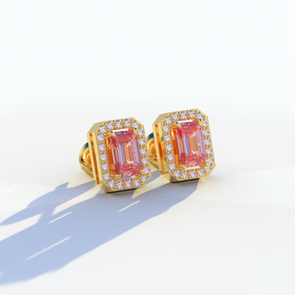 2 Carat Pink Emerald Cut Halo Setting Lab Diamond Stud Earrings - Hailey