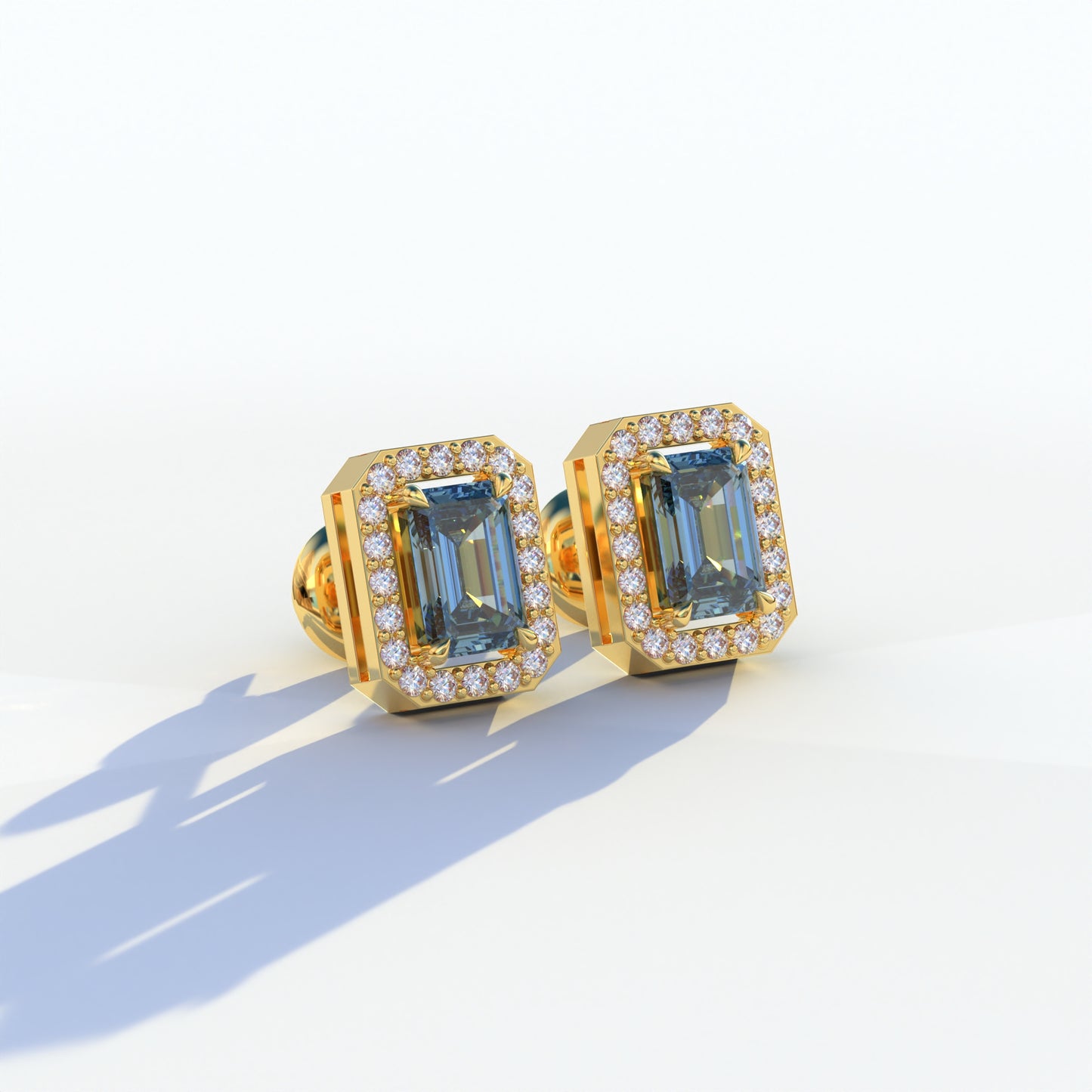 2 Carat Blue Emerald Cut Halo Setting Lab Diamond Stud Earrings - Hailey