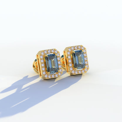 2 Carat Blue Emerald Cut Halo Setting Lab Diamond Stud Earrings - Hailey