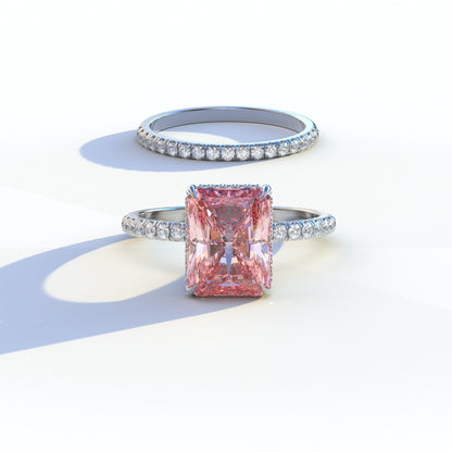 3 Carat Pink Radiant Cut Hidden Halo & Pave Diamond Ring Set	