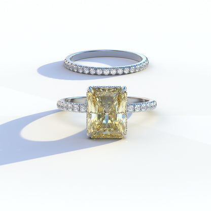 3 Carat Yellow Radiant Cut Hidden Halo & Pave Diamond Ring Set	