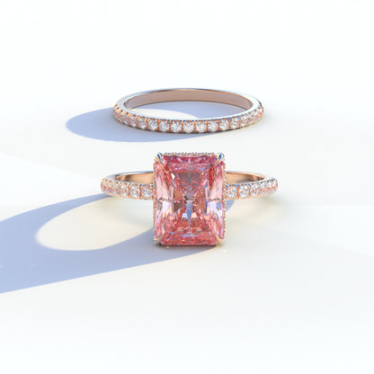 3 Carat Pink Radiant Cut Hidden Halo & Pave Diamond Ring Set - Millenia