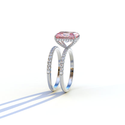 3 Carat Pink Radiant Cut Hidden Halo & Pave Diamond Ring Set - Millenia