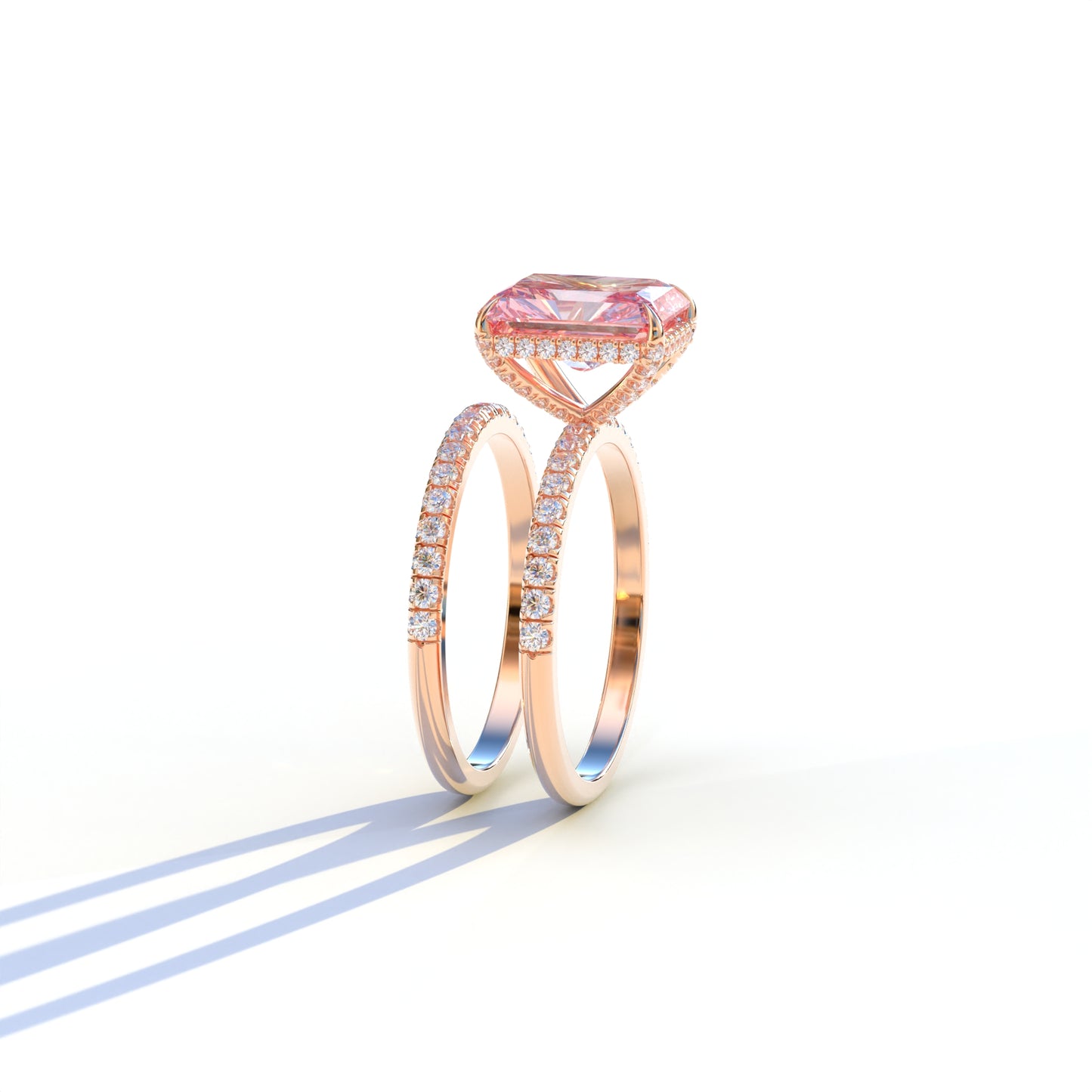 3 Carat Pink Radiant Cut Hidden Halo & Pave Diamond Ring Set - Millenia