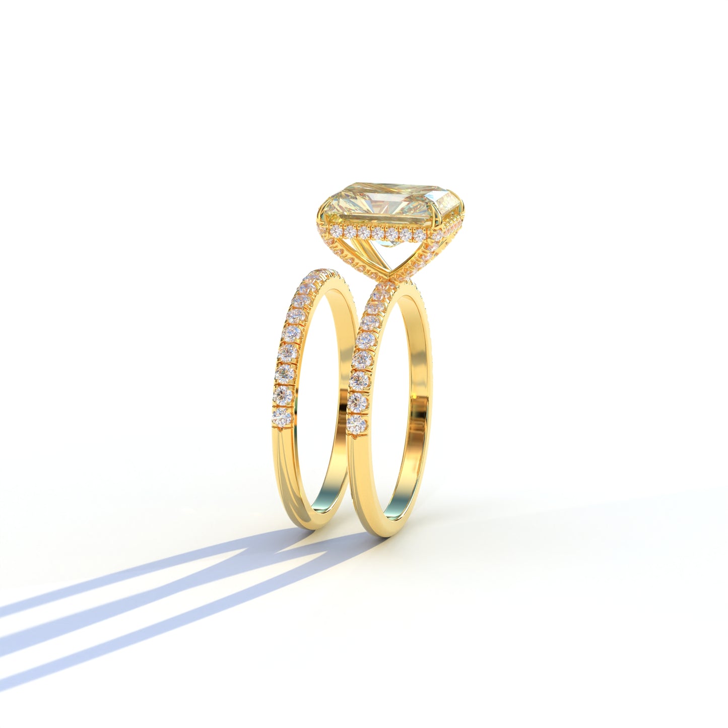 3 Carat Yellow Radiant Cut Hidden Halo & Pave Diamond Ring Set - Millenia