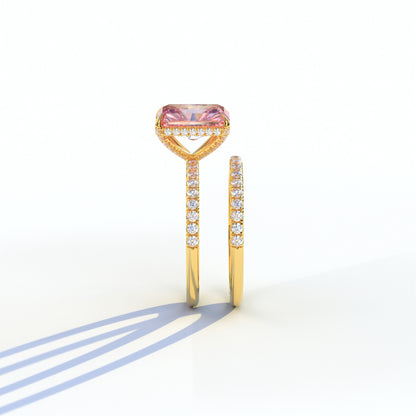 3 Carat Pink Radiant Cut Hidden Halo & Pave Diamond Ring Set - Millenia