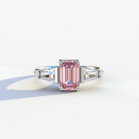 1.50 Carat Pink Emerald with Tapered Cut Lab Grown Diamond Ring - Libra