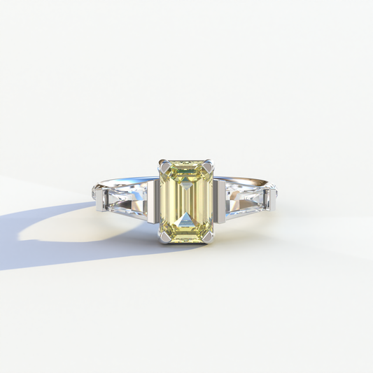 1.50 Carat Yellow Emerald with Tapered Cut Lab Grown Diamond Ring - Libra