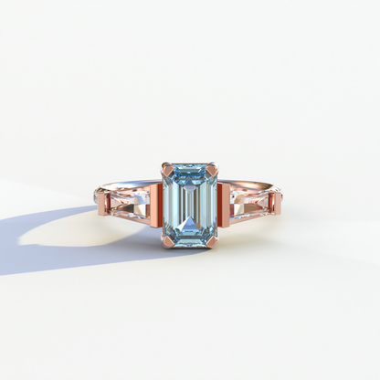 1.50 Carat Blue Emerald with Tapered Cut Lab Grown Diamond Ring - Libra