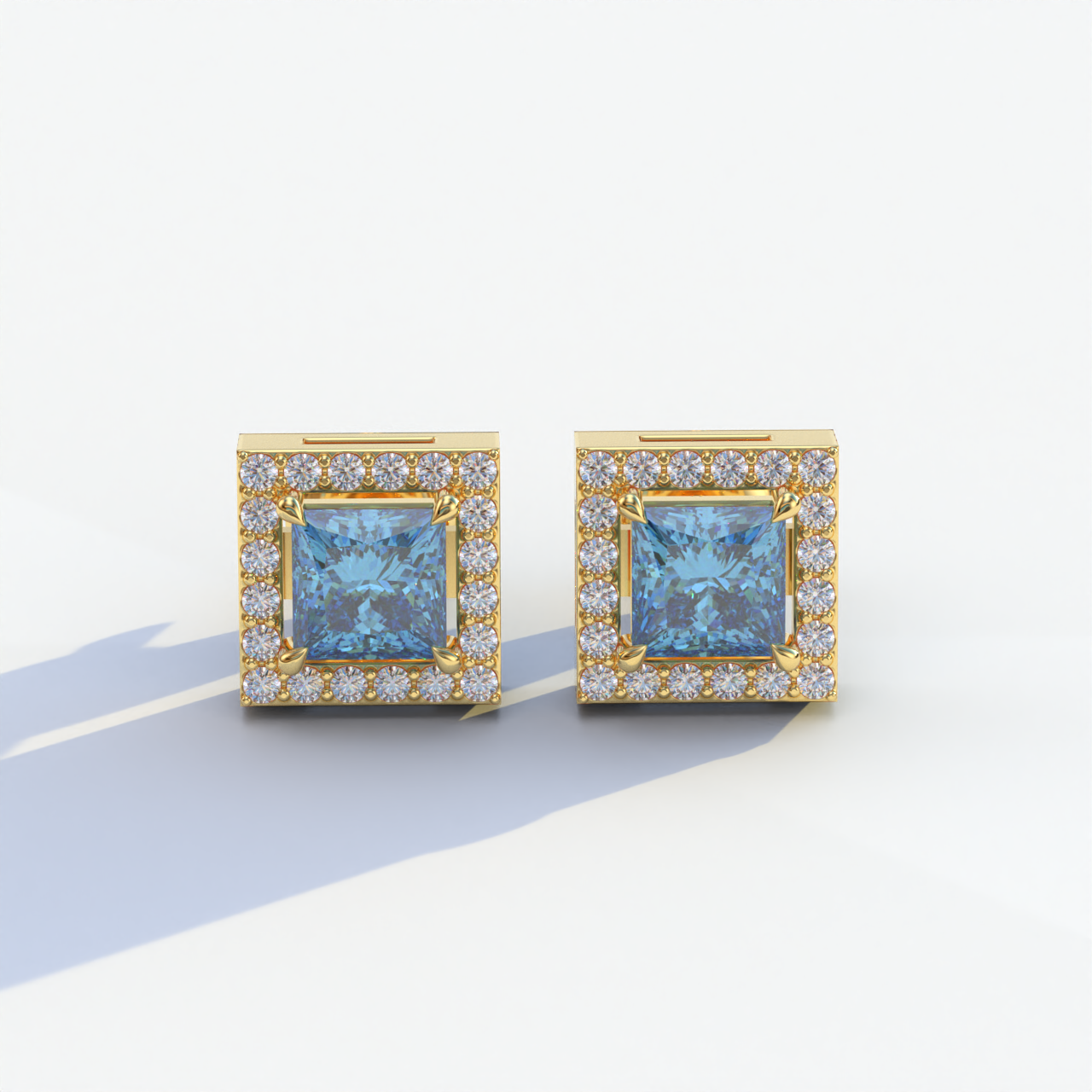 1 Carat Blue Princess Cut Lab Grown Diamond Halo Stud Earrings