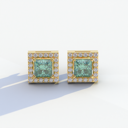 1 Carat Green Princess Cut Lab Grown Diamond Halo Stud Earrings