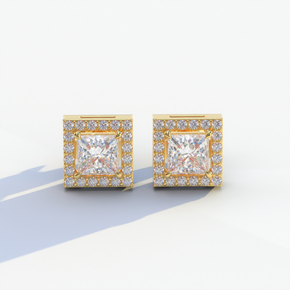 1 Carat E-VVS Princess Cut Lab Grown Diamond Halo Stud Earrings