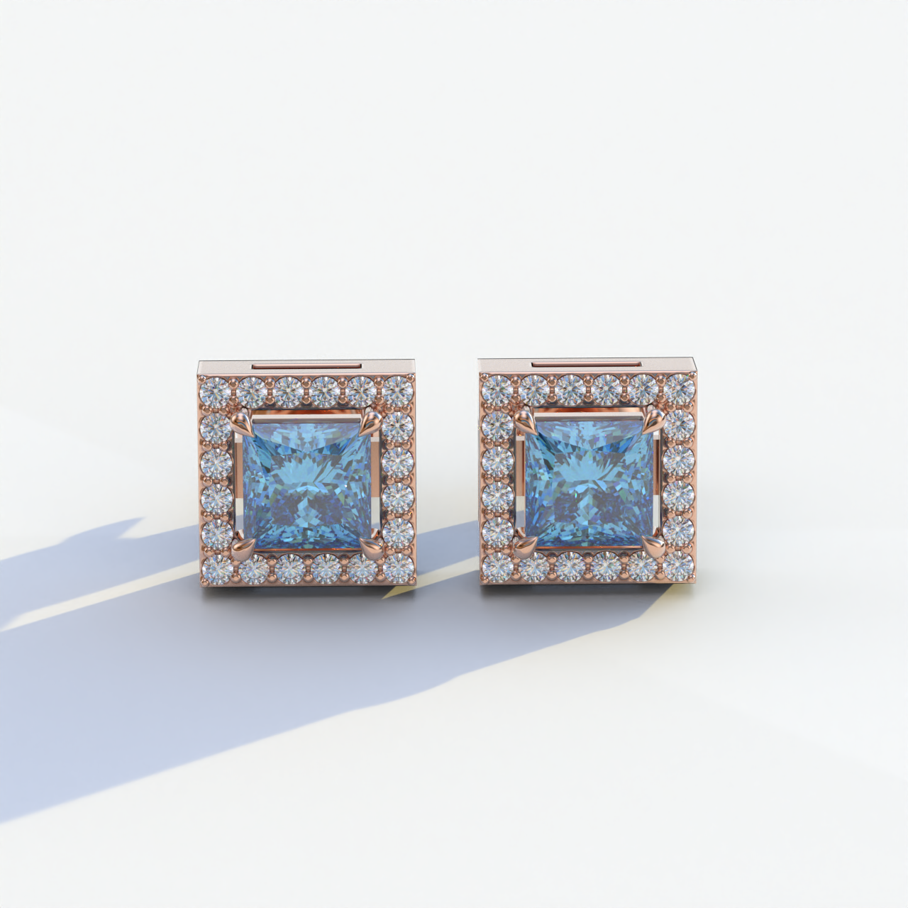 1 Carat Blue Princess Cut Lab Grown Diamond Halo Stud Earrings