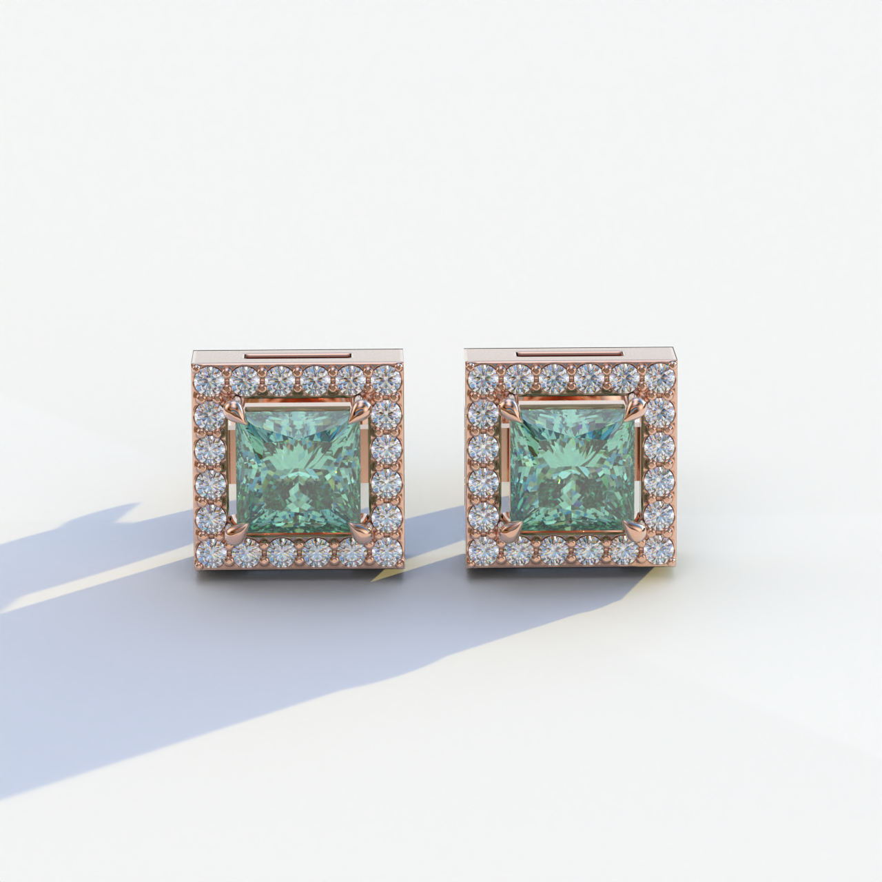 1 Carat Green Princess Cut Lab Grown Diamond Halo Stud Earrings