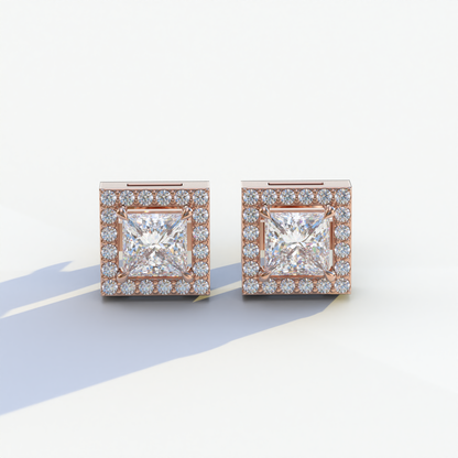 1 Carat E-VVS Princess Cut Lab Grown Diamond Halo Stud Earrings