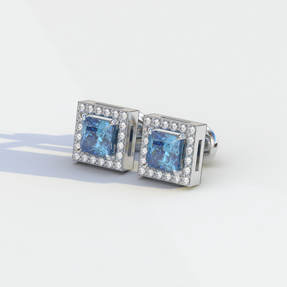 1 Carat Blue Princess Cut Lab Grown Diamond Halo Stud Earrings