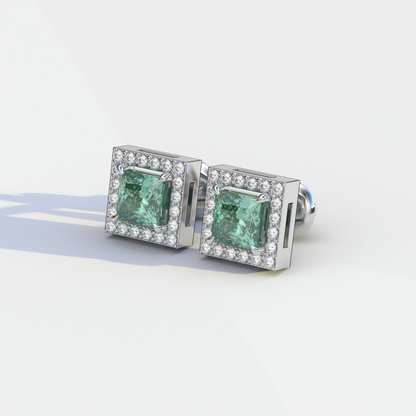 1 Carat Green Princess Cut Lab Grown Diamond Halo Stud Earrings