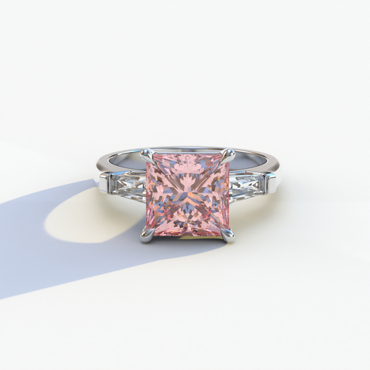 3 Carat Pink Princess & Baguette Cut Lab Grown Diamond Ring - Alluring