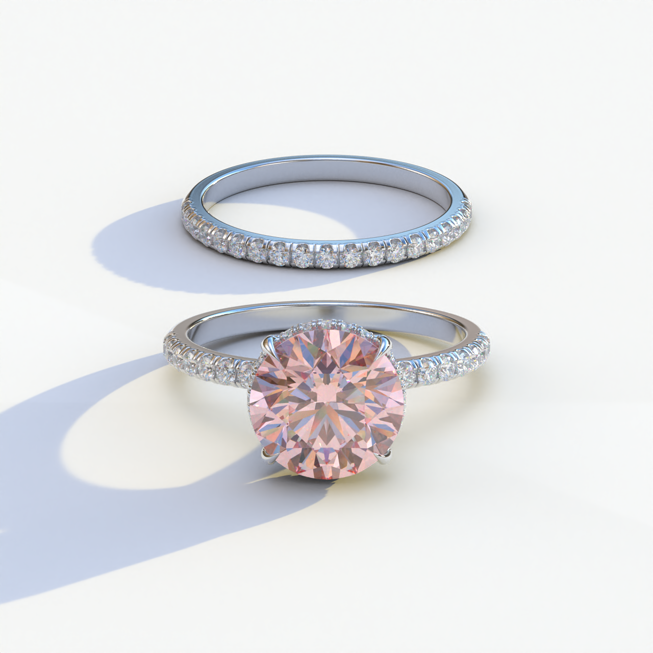 2 Carat Pink Round Cut Ring Set | Halo & Pave Setting Lab Diamond Ring - Angelina