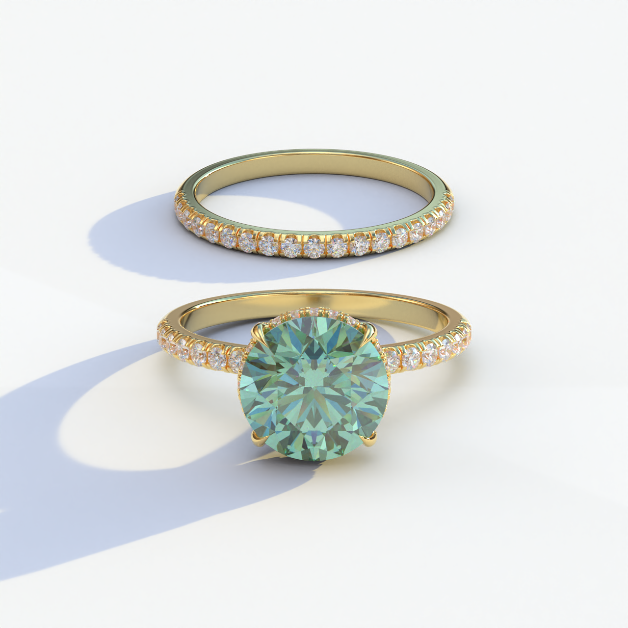 2 Carat Green Round Cut Ring Set | Halo & Pave Setting Lab Diamond Ring - Angelina