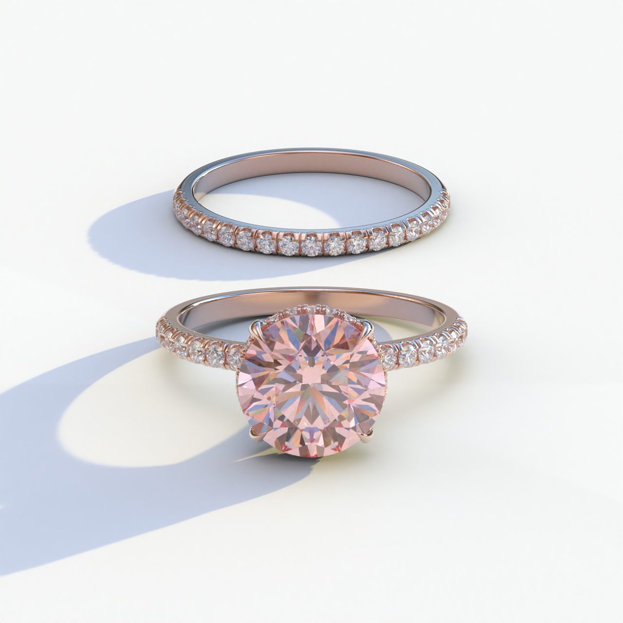 2 Carat Pink Round Cut Ring Set | Halo & Pave Setting Lab Diamond Ring - Angelina