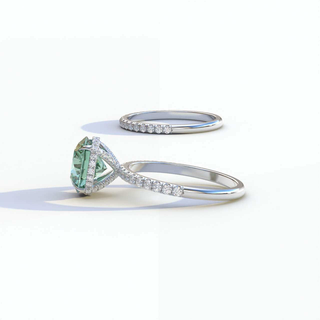 2 Carat Green Round Cut Ring Set | Halo & Pave Setting Lab Diamond Ring - Angelina