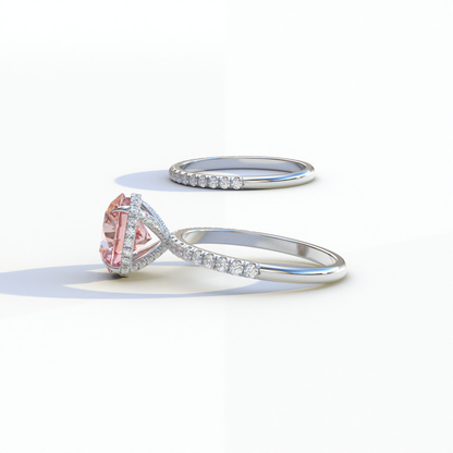 2 Carat Pink Round Cut Ring Set | Halo & Pave Setting Lab Diamond Ring - Angelina