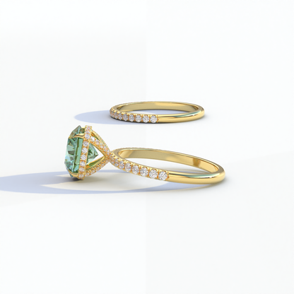 2 Carat Green Round Cut Ring Set | Halo & Pave Setting Lab Diamond Ring - Angelina