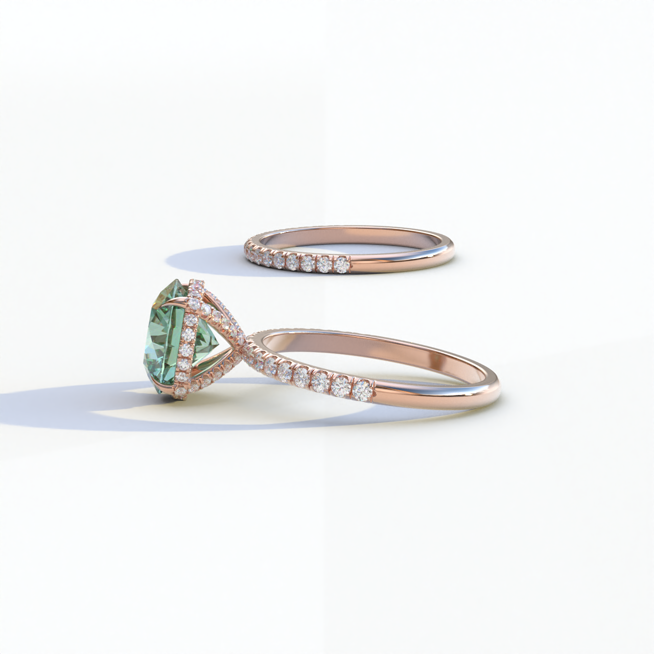 2 Carat Green Round Cut Ring Set | Halo & Pave Setting Lab Diamond Ring - Angelina