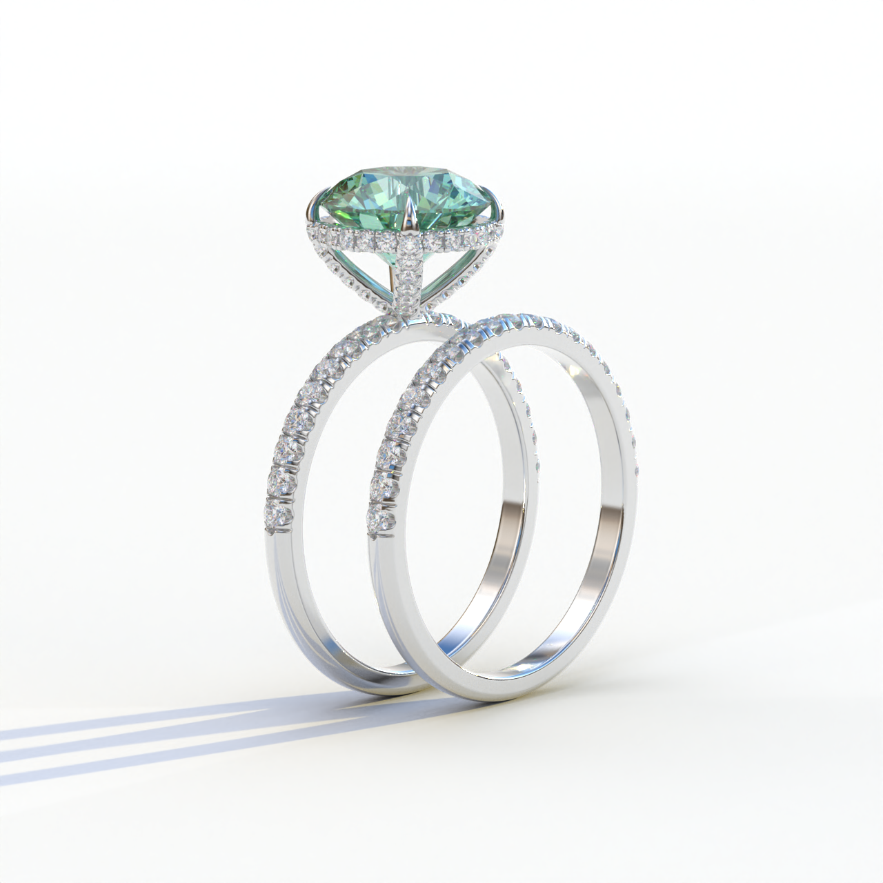 2 Carat Green Round Cut Ring Set | Halo & Pave Setting Lab Diamond Ring - Angelina