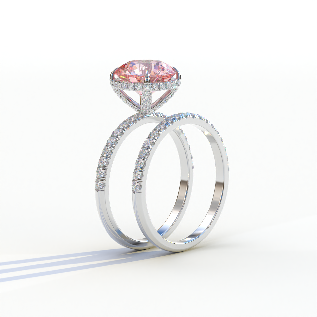 2 Carat Pink Round Cut Ring Set | Halo & Pave Setting Lab Diamond Ring - Angelina